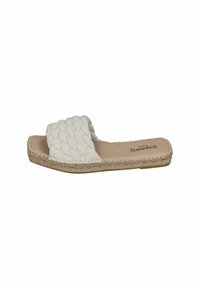 White woven slide sandal with a textured upper, padded insole, and jute trim. Flat sole with minimalistic design.
