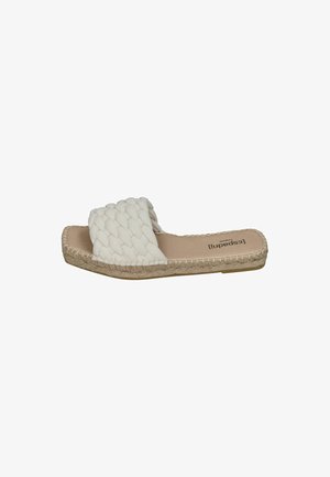 Weiße gewebte Rutschsandalette mit einer strukturierten Oberseite, gepolstertem Fußbett und Jutebesatz. Flache Sohle mit minimalistischem Design.