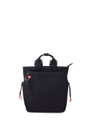 Sac fourre-tout noir avec double anses, poche zippée à l'avant, cordons latéraux avec embouts rouges, et un petit porte-clés attaché avec un détail orange.