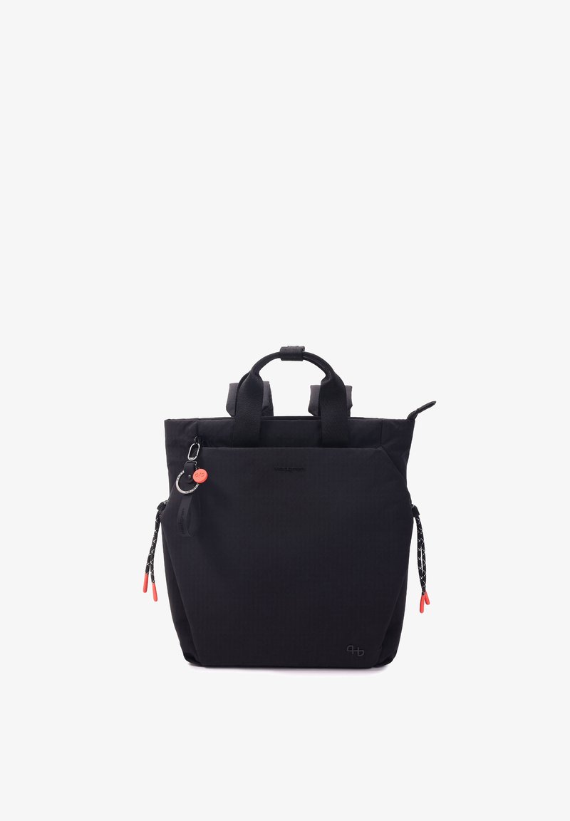 Sac fourre-tout noir avec double anses, poche zippée à l'avant, cordons latéraux avec embouts rouges, et un petit porte-clés attaché avec un détail orange.
