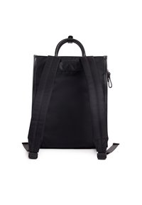 Black nylon backpack with a structured design, featuring a rounded top handle, adjustable straps, and a zippered compartment on the side.