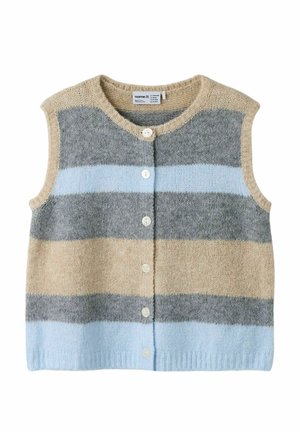 Ærmeløs strikket cardigan med vandrette striber i beige, grå og lyseblå, med seks hvide knapper foran og rund halsudskæring.
