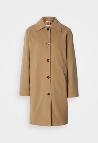 Manteau en laine couleur caramel avec une coupe droite, grand col et cinq boutons foncés. Comprend des poches latérales et une texture douce.