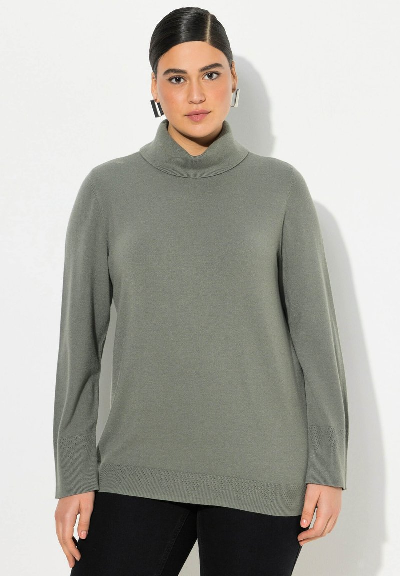 Langärmliger Rollkragenpullover in Hellgrün, aus weichem Strickstoff mit subtilen Rippdetails an den Manschetten und dem Saum.