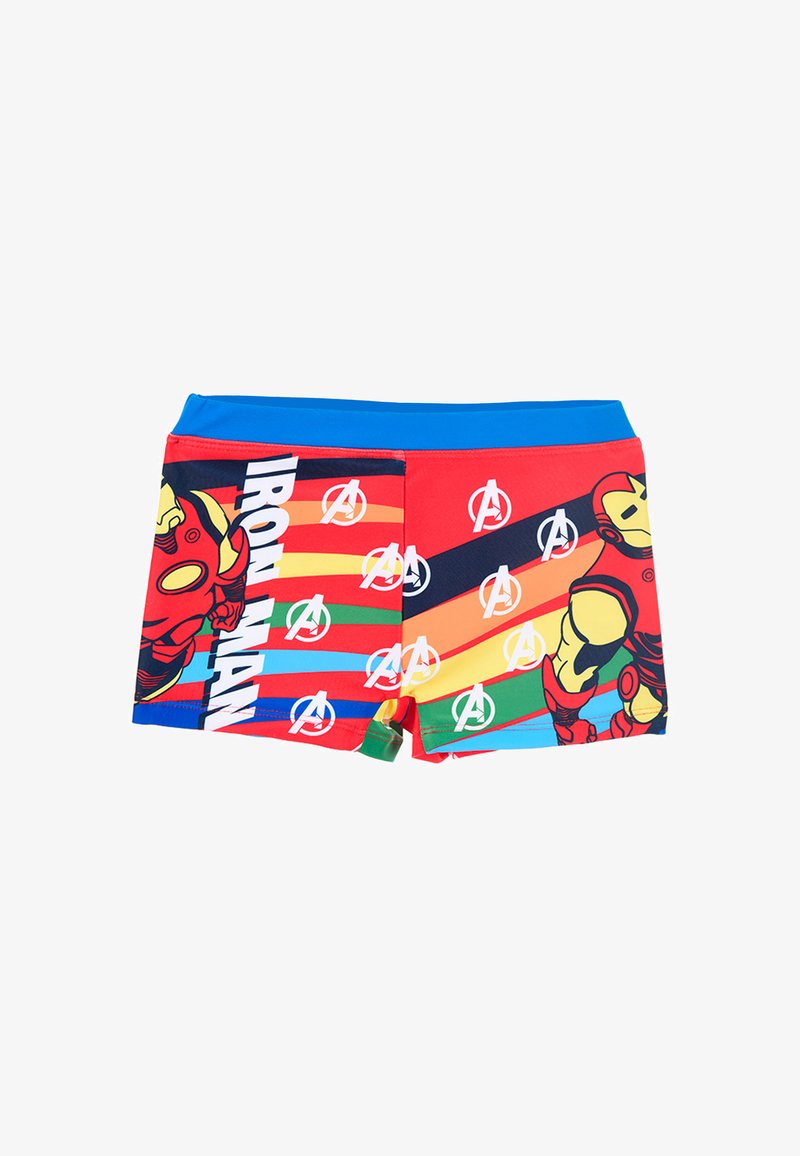 Red swim shorts with a blue waistband featuring Iron Man graphics, Avenger logos, and colorful striped patterns throughout. Stretch material.