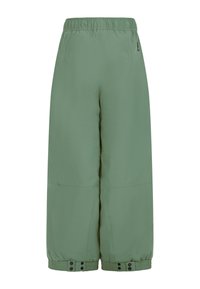 Groene, brede cropped broek met een elastische tailleband, verstelbare knopenmanchetten en een gladde textuur. Ontworpen voor comfort en bewegingsvrijheid.