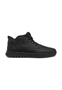 Bottes noires à la cheville en cuir lisse, avec lacets, col rembourré et semelle en caoutchouc texturé dotée de rainures pour une meilleure adhérence.