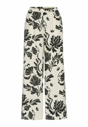 Kremowe spodnie o szerokich nogawkach z czarnym kwiatowym nadrukiem i elastycznym pasem, zaprojektowane do noszenia na co dzień.