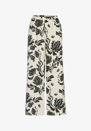 Wide-leg cream pants with black floral print and elastic waistband, designed for casual wear.