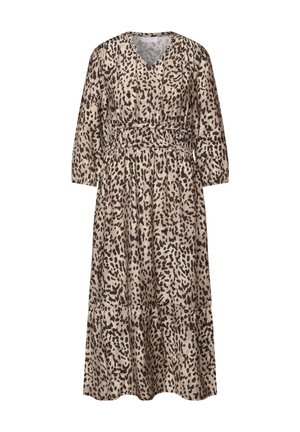 Šaty s leopardím potiskem v béžové a hnědé, s výstřihem do V, tříčtvrtečními rukávy, elastickým pasem a vrstvenou sukní pro lehce splývavý siluetu.