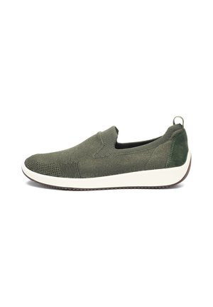 Green slip-on shoe with a knitted upper, textured pattern, and a white rubber sole. Features a pull tab at the back for easy wearing.