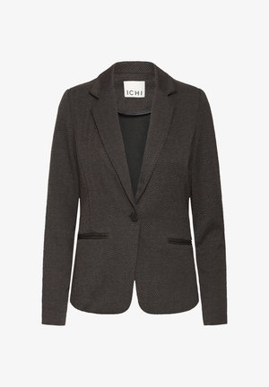Blazer marrone con motivo a spina di pesce, con rever a incavo, chiusura con un solo bottone e due tasche frontali. Realizzato in tessuto strutturato.