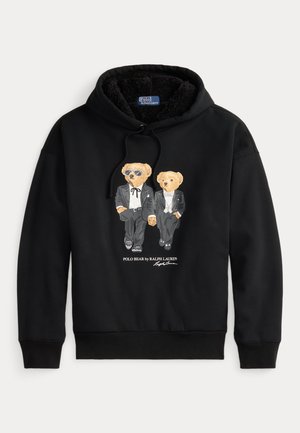 Felpa nera con cappuccio caratterizzata da una grafica di due orsi in abito da sera. Realizzata in morbido tessuto con un interno accogliente, presenta un cappuccio regolabile con cordoncino e polsini a coste.