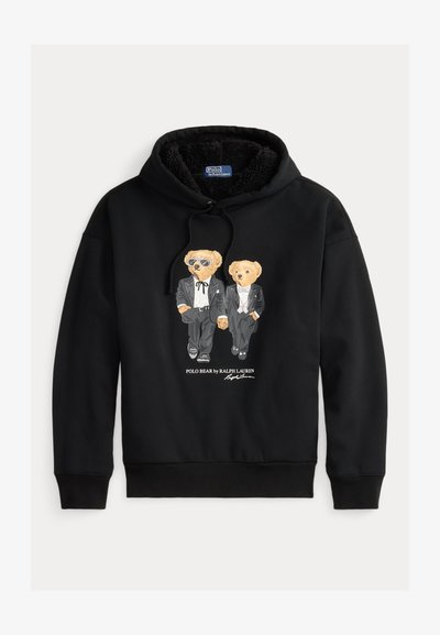 Sweatshirt preto com um gráfico de dois ursos em fatos. Feito de um tecido macio com um interior aconchegante, possui capuz com cordão e punhos canelados.