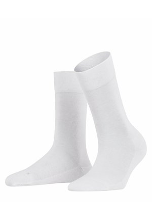 Białe skarpetki wykonane z oddychającej tkaniny, charakteryzujące się gładką teksturą, długością do połowy łydki i bezszwowym wykończeniem palców dla maksymalnego komfortu.