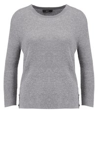 Pull gris clair en maille côtelée avec manches longues, col rond et détails de fermeture éclair sur les côtés à l'ourlet.