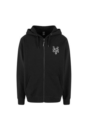 Haut de hoodie noir à fermeture éclair en tissu doux, avec une poche kangourou, une capuche avec cordon de serrage et un logo brod�é blanc sur la poitrine gauche.