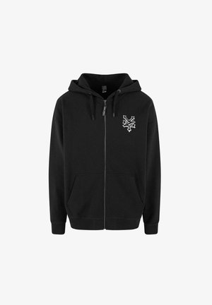 Black zip-up hoodie made of soft fabric, featuring a kangaroo pocket, drawstring hood, and white embroidered logo on the left chest.