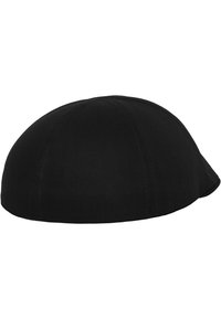 Black cap with a smooth, rounded crown, made of textured fabric with a subtle herringbone pattern. No visible hardware or accents.