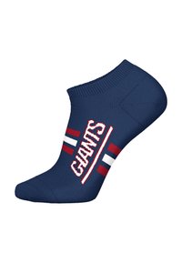 Granatowa skarpetka do kostki wykonana z dzianiny, z napisem „GIANTS” w białym i czerwonym kolorze oraz pionowymi czerwono-białymi paskami po obu bokach.