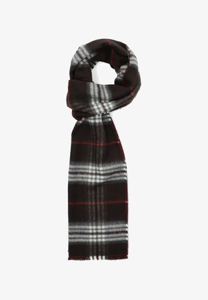 Brązowy szalik w kratę z szarymi i białymi paskami, miękka tekstura, frędzle na końcach oraz tradycyjny wzór. Nadaje się do noszenia w zimie.