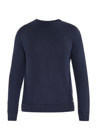 Sötétkék kötött pulóver kerek nyakkal, hosszú ujjakkal, bordás mandzsettával és aljjal. Oldalán egy kis fém logó kiegészítő található.
