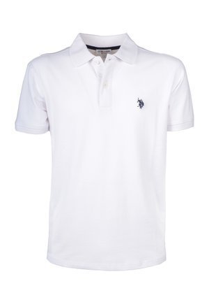 Weißes Poloshirt aus Baumwolle mit einem Kragen. Verfügt über ein kleines dunkelblaues Logo auf der linken Brust. Kurze Ärmel und gerader Saum.