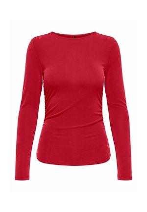 Camiseta roja de manga larga hecha de un tejido suave y elástico. Presenta un escote redondo y costuras fruncidas en los lados para una silueta ajustada.