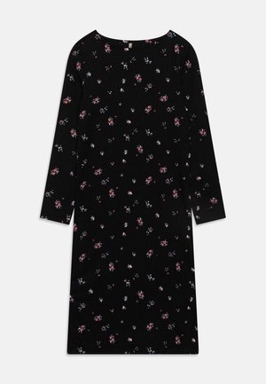 Hosszúujjú ruha fekete anyagból, rózsaszín és kék virágmintával. Kerek nyakkivágás, laza szabás, térd hosszúságú.