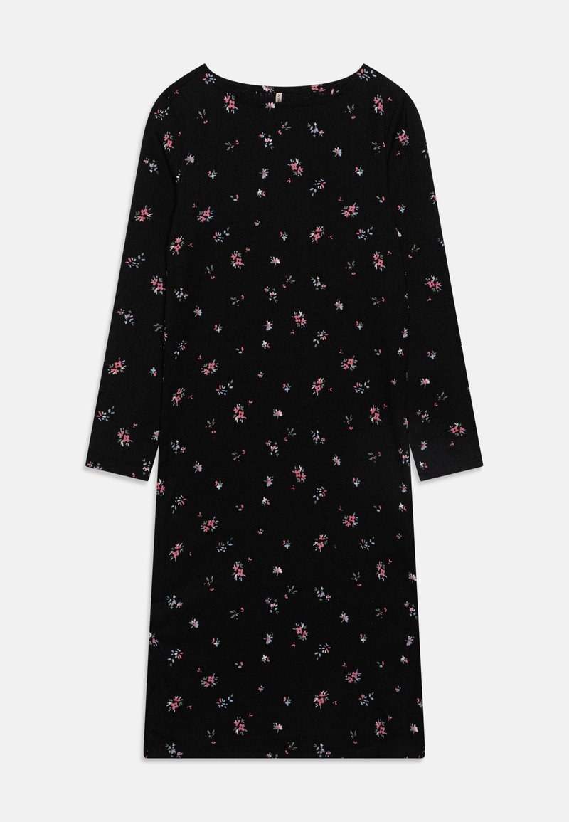 Juoda ilgarankovė suknelė, puošta rožinės ir mėlynos spalvos gėlių raštu. Apvalus iškirpimas ir laisvas siluetas, iki kelių ilgio.