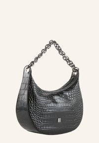 Zwarte, gestructureerde schoudertas met een krokodillenembossing, voorzien van een kettinghandvat en een klein logo-accent aan de voorkant.