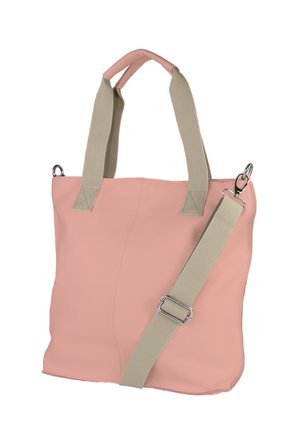 Roze leren totebag met dubbele handvatten en een afneembare grijze riem. Heeft een vlakke vorm en een gladde, licht gestructureerde oppervlakte.