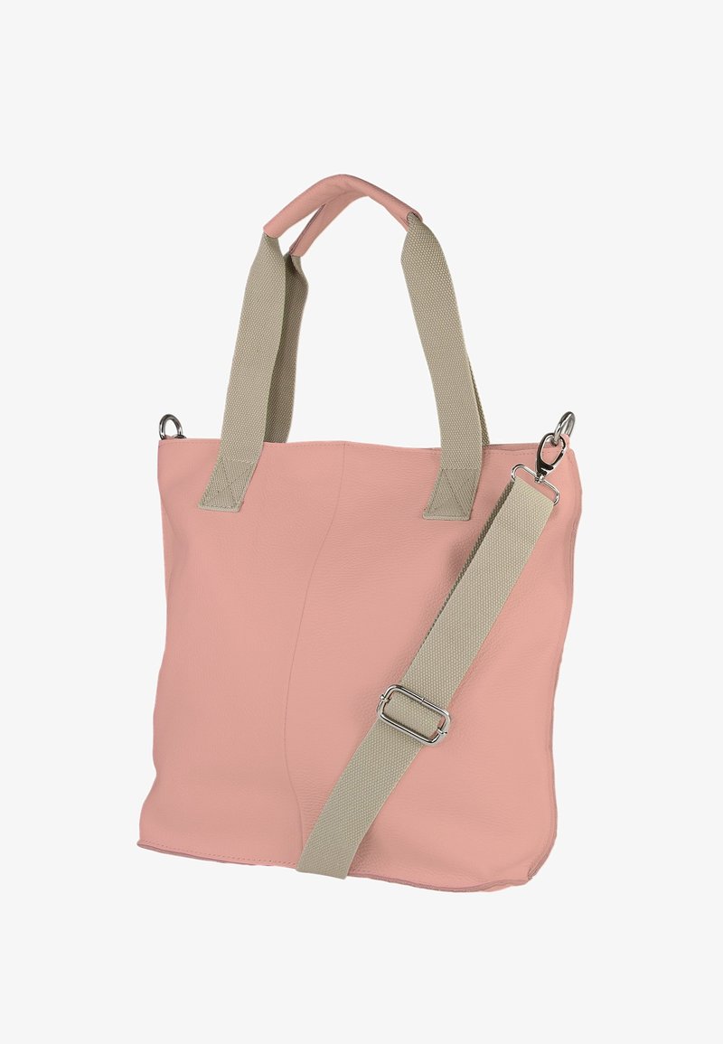 Roze leren totebag met dubbele handvatten en een afneembare grijze riem. Heeft een vlakke vorm en een gladde, licht gestructureerde oppervlakte.