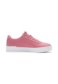 Pink leather sneakers with a rounded toe, flat white rubber sole, and textured accents. Features notable lace-up design and logo details.