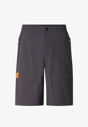 Dunkelgraue Cargoshorts mit elastischem Bund, vorderem Knopf, seitlichen Reißverschlusstaschen und einem orangefarbenen Markenzeichen an der linken Tasche.