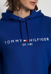 Sudadera con capucha de algodón azul con cordones, que presenta el logo "TOMMY HILFIGER" en blanco y un parche con la bandera como acento debajo del texto.
