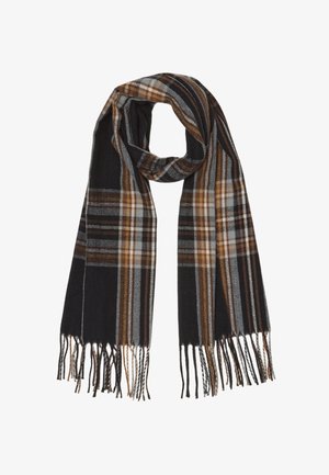 Black and brown plaid scarf made from soft fabric; features white and tan stripes, with fringed ends for texture.