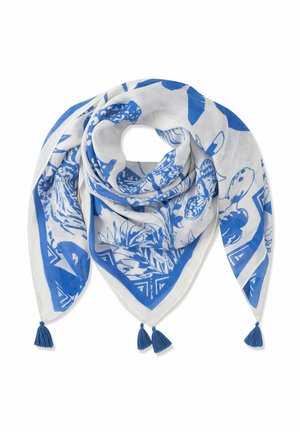 Weißes dreieckiges Halstuch mit blauem botanischem und Vogelmuster, an den Ecken mit drei blauen Quasten versehen.