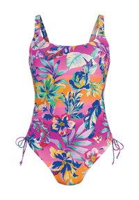 Kukkakuvioinen yhtenäinen uimapuku, jossa on vaaleanpunainen pohja monivärisillä kukilla, säädettävät sivunauhat ja pyöreä pääntie.