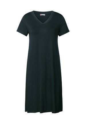 Černé šaty s krátkým rukávem a výstřihem do V, vyrobené z měkké tkaniny, s volným střihem a délkou po kolena. Jednoduchý design bez vzorů.