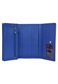Blauwe leren portemonnee met ritsvak, meerdere kaartsleuven, gestructureerde binnenkant, doorzichtig ID-raam en bloemaccent op de ID-sectie.