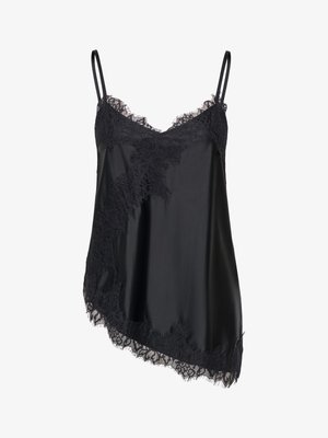 Camisole en satin noir avec ourlet asymétrique et délicate bordure en dentelle le long du décolleté, à l'avant et sur les bords inférieurs, doté de fines bretelles.