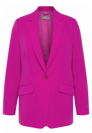 Horko růžový blazer s jedním knoflíkem, klopovými límci a dvěma předními kapsami. Vyrobený z hladké látky, s strukturovaným střihem.