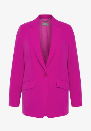 Horko růžový blazer s jedním knoflíkem, klopovými límci a dvěma předními kapsami. Vyrobený z hladké látky, s strukturovaným střihem.