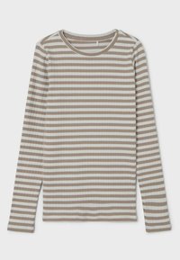 Haut à manches longues en ribbed avec des rayures alternées beige clair et blanches, un col rond et une silhouette ajustée.
