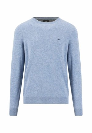 Lyseblå langærmet rundhalset sweater med lille broderet mørkt logo på venstre bryst, ribstrikkede manchetter og kant.