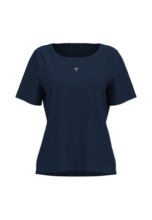 Marineblauw T-shirt met korte mouwen en een ronde hals. Voorzien van een klein, zilveren logo in het midden en een losse pasvorm. Gladde stofstructuur.