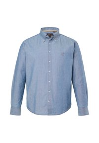 Jasnoniebieska koszula na guziki z tkaniny chambray, z kołnierzykiem, długimi rękawami oraz haftowanym logo na piersi.