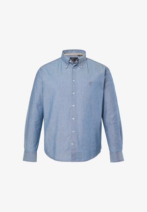 Hellblaues Hemd aus Chambray-Stoff mit Kragen, langen Ärmeln und einem auf der Brust aufgestickten Logo.