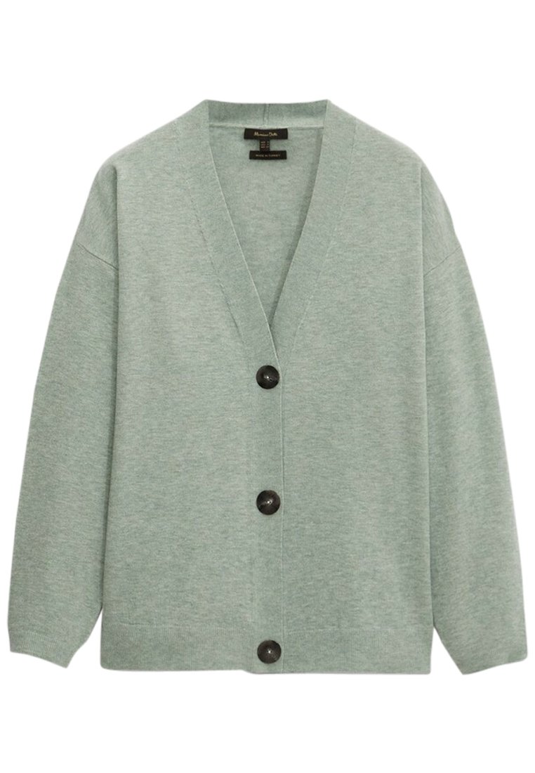 Cardigan lavorato a maglia verde chiaro, con scollo a V, spalle scese e cinque bottoni disposti in una linea verticale. Tessuto morbido e vestibilità comoda.